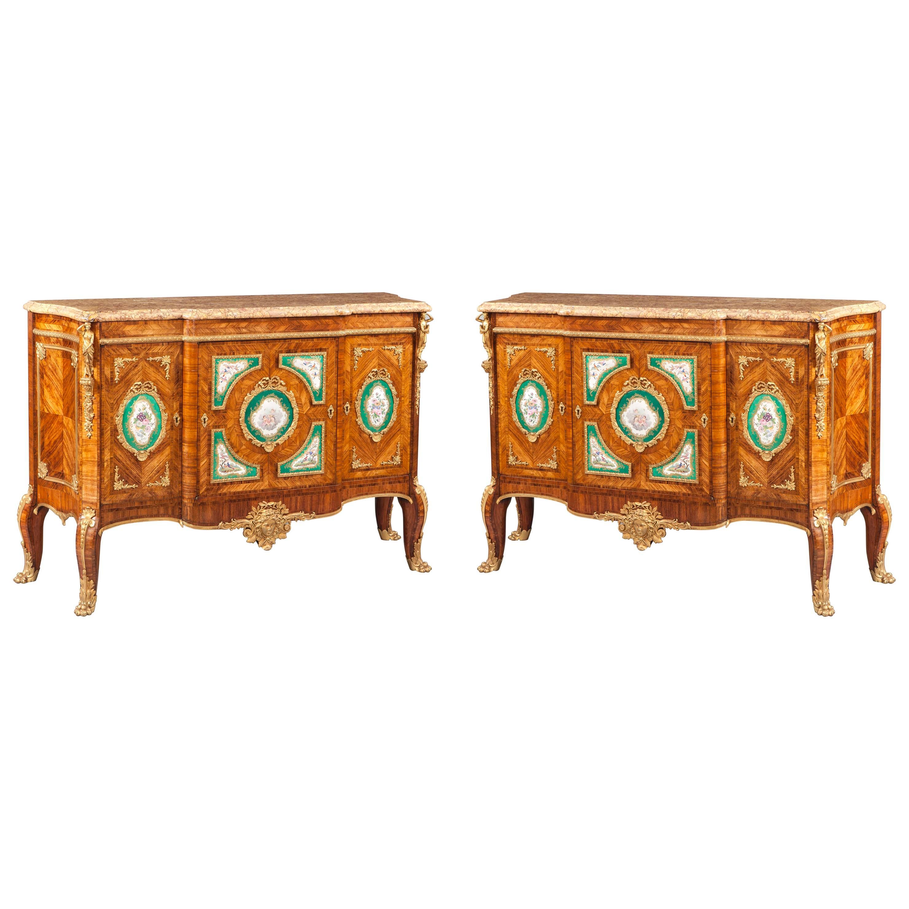 Pair of 19th Century Commodes of Kingwood, Green Porcelain Plaques and Marble