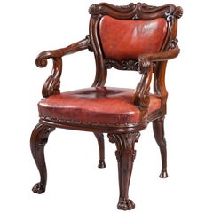Irish 19th Century Carved Oak and Red Leather Armchair