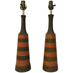 Pair of 1960 Autumnal Bitossi Italy Art Pottery Lamps