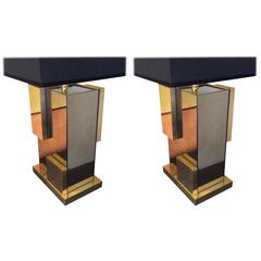 Late 20th Century Pair of Modernist Table Lamps in Mirror and Brass with Shades 4