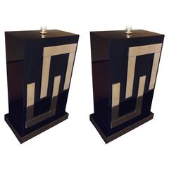 Gorgeous Pair of Black Plexi & Brass Table Lamps Late 20th Century with Shades 3