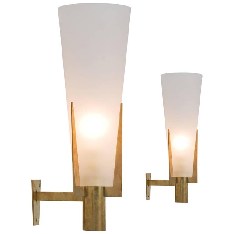 Set of Two Large Brass and Frosted Glass Wall Lights For Sale at 1stdibs
