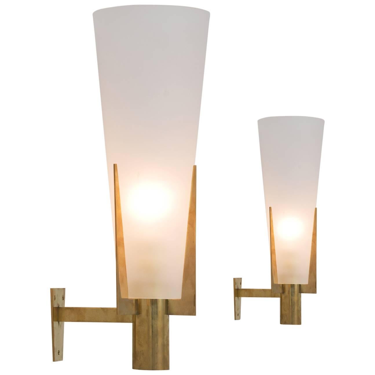 Set of Two Large Brass and Frosted Glass Wall Lights