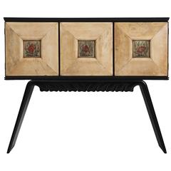 Italian Illuminated Bar Cabinet in Ebonized Wood and Goatskin