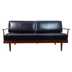 Walter Knoll Teak Sofa Bed with Black Leather Cushions, Germany, 1950s