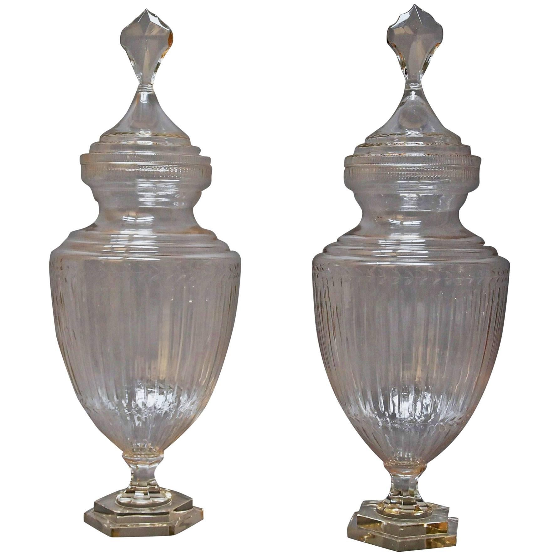 Large Pair of Edwardian Cut-Glass Lidded Display Jars 'or Apothecary Jars'