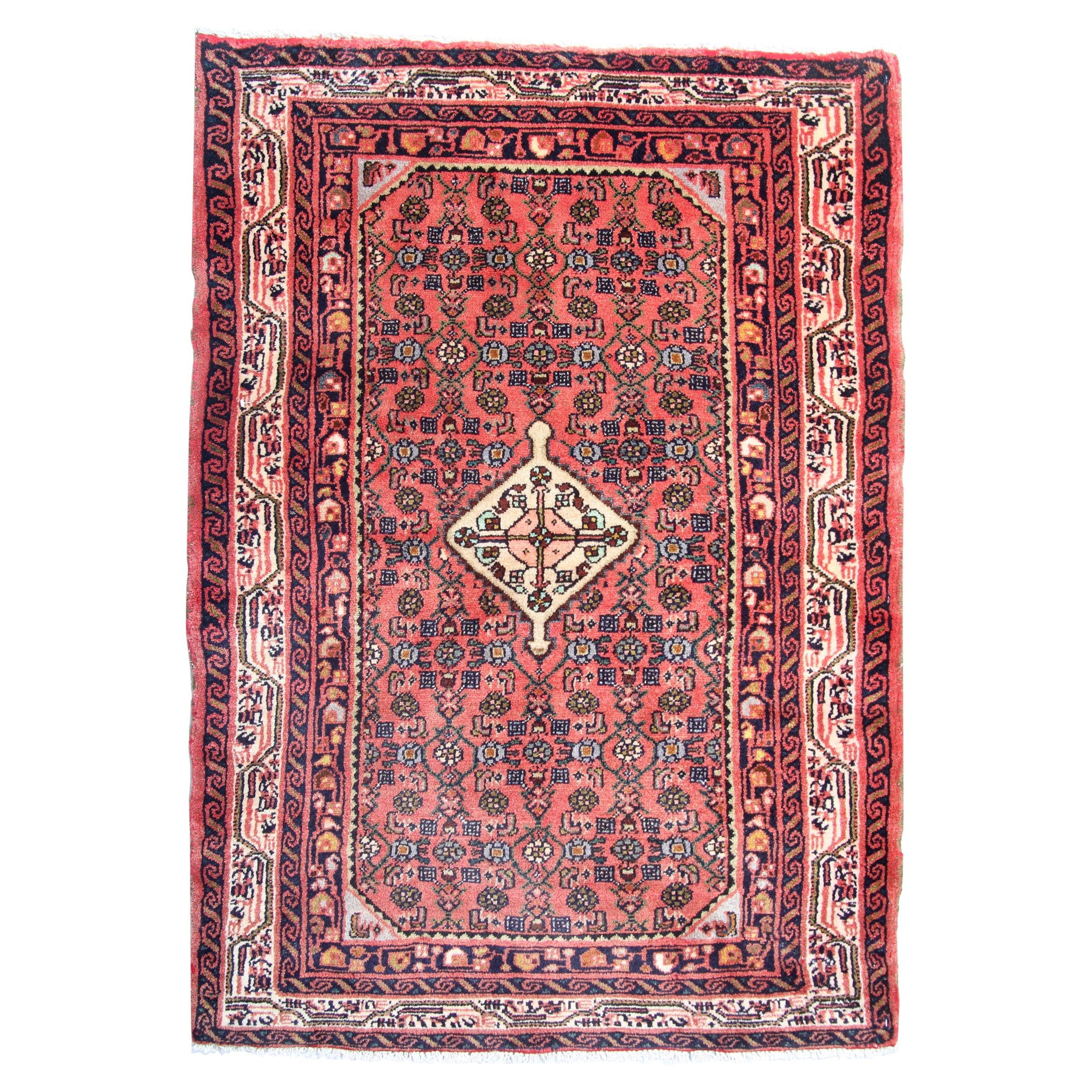 Rustikaler handgefertigter rustikaler Vintage-Teppich, traditioneller türkischer Teppich aus roter und rosa Wolle