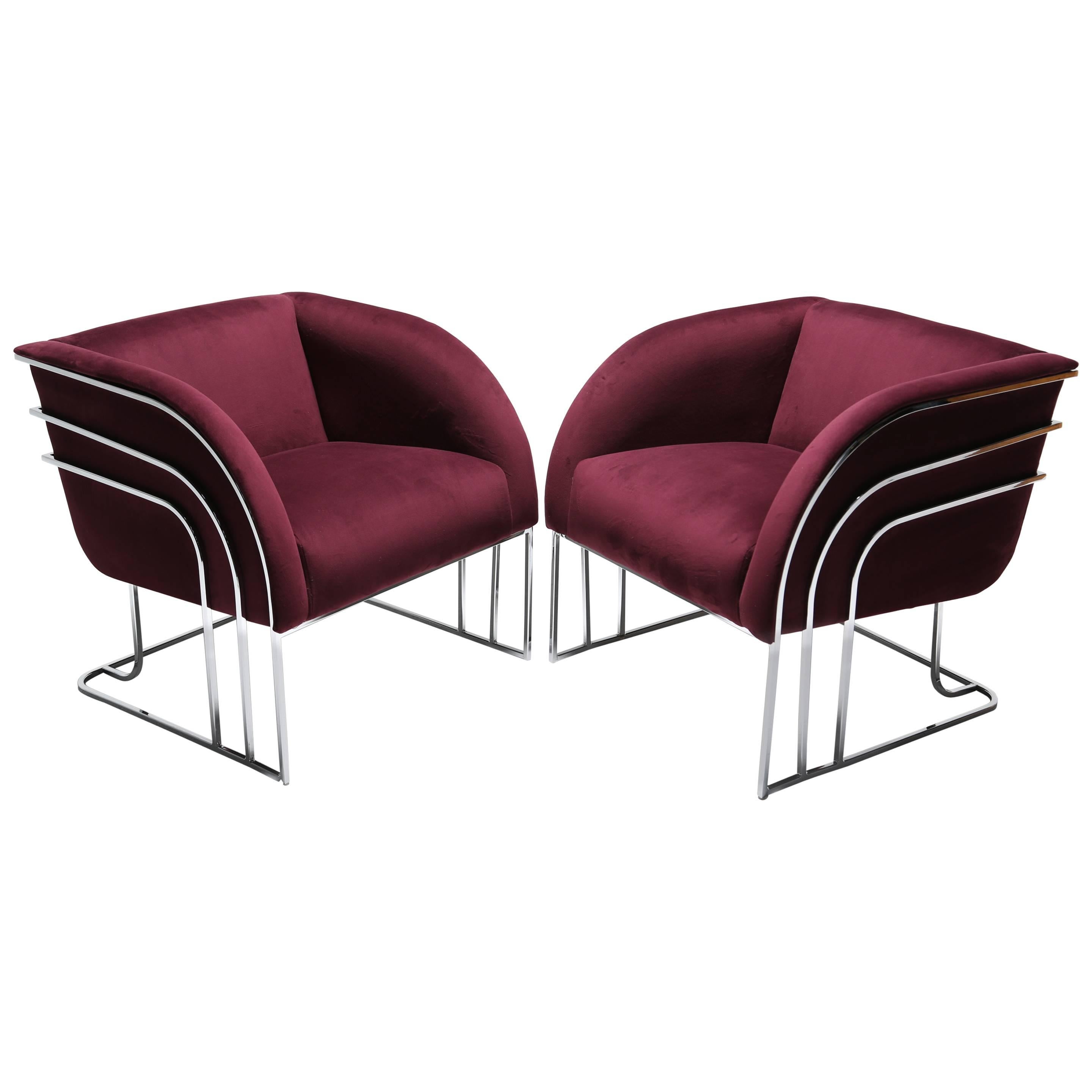 Mid-century Chrome Lounge chairs, Milo Baughman Style