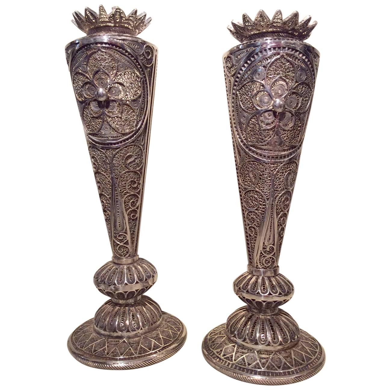 Silver Candlesticks Decorated in Silver Filigree, Early 19th Century