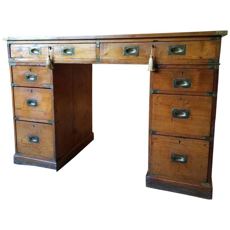 Antique Campaign Desk Twin Pedestal Pine 1st World War Early 20th