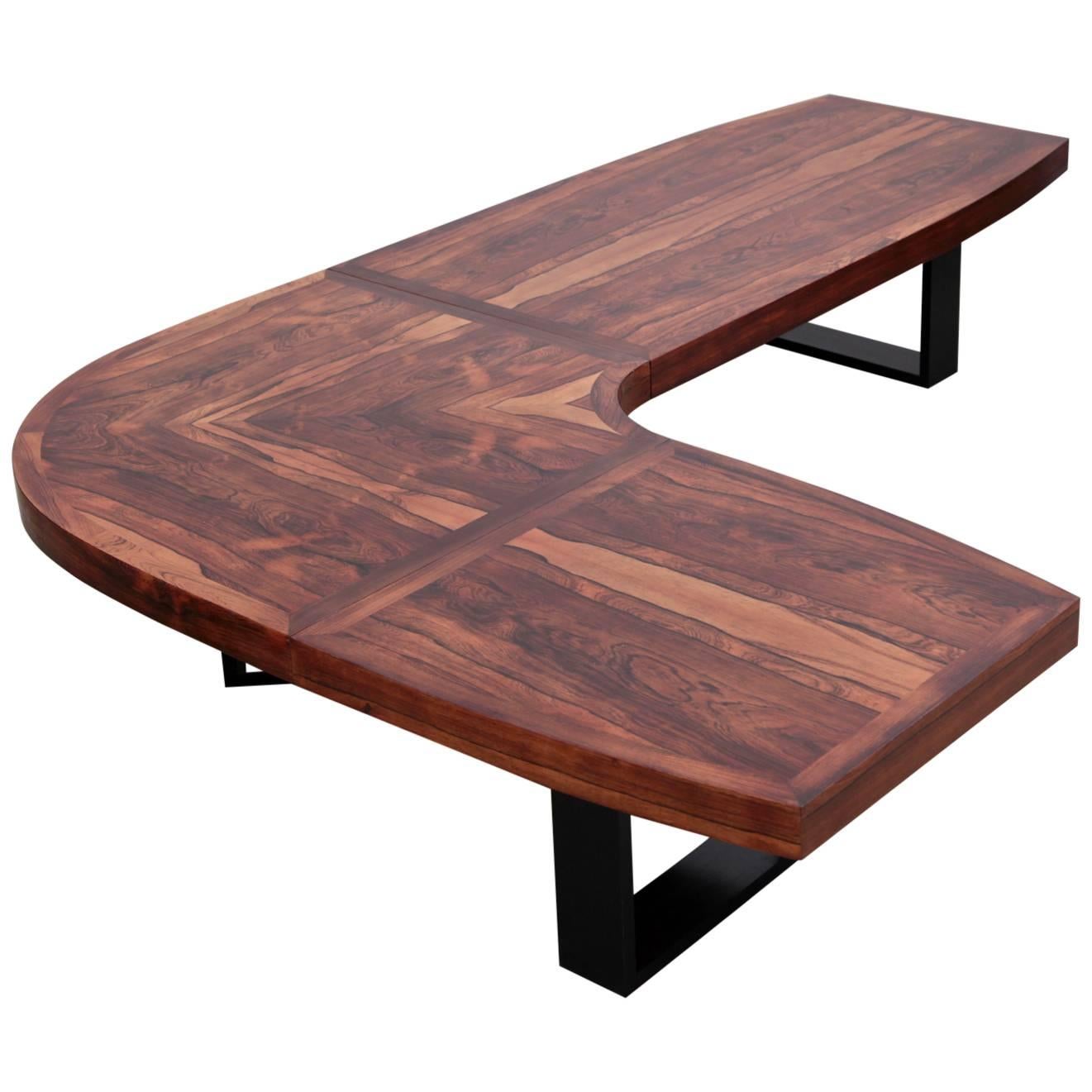 Huge Curved Rosewood Studio Coffee or Sofa Table in L Shape Freeform