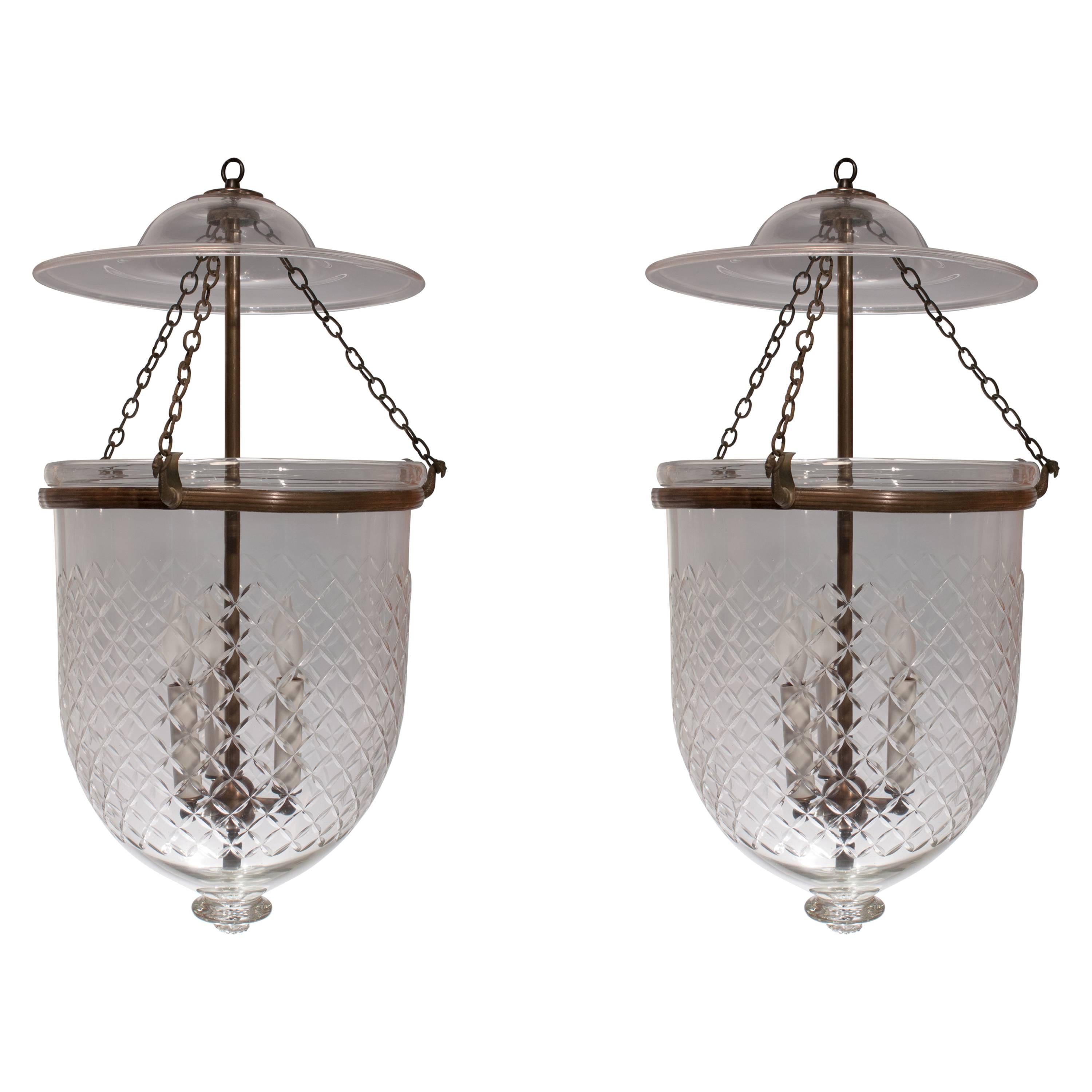 Pair of 19th Century Bell Jar Lanterns with "Diamond" Etching