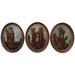 Set of Three Italian Oval Paintings of Ruins