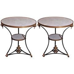 Antique Pair of Gilt Bronze and Patinated Bronze Gueridon with Marble Tops