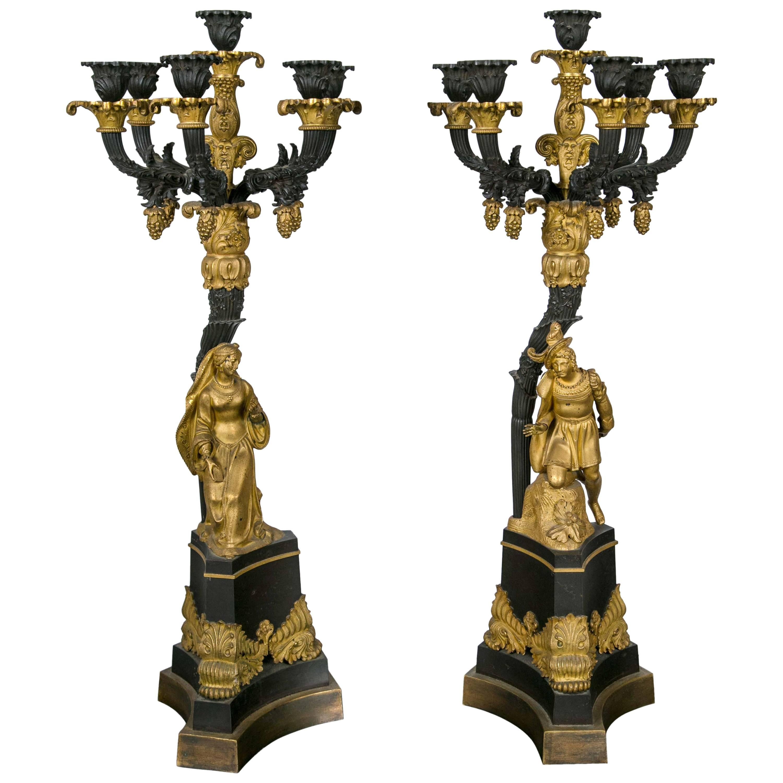 Fine Pair of Gilt and Patinated Bronze Candelabra For Sale