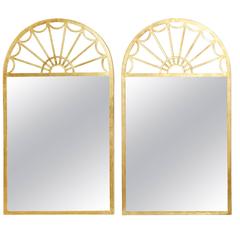 Pair of Mid-Century Brass Mirrors Sunburst Round Tops