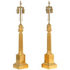 Pair of 19th Century Chevalier Brevete Gilt Bronze Column Form Table Lamps