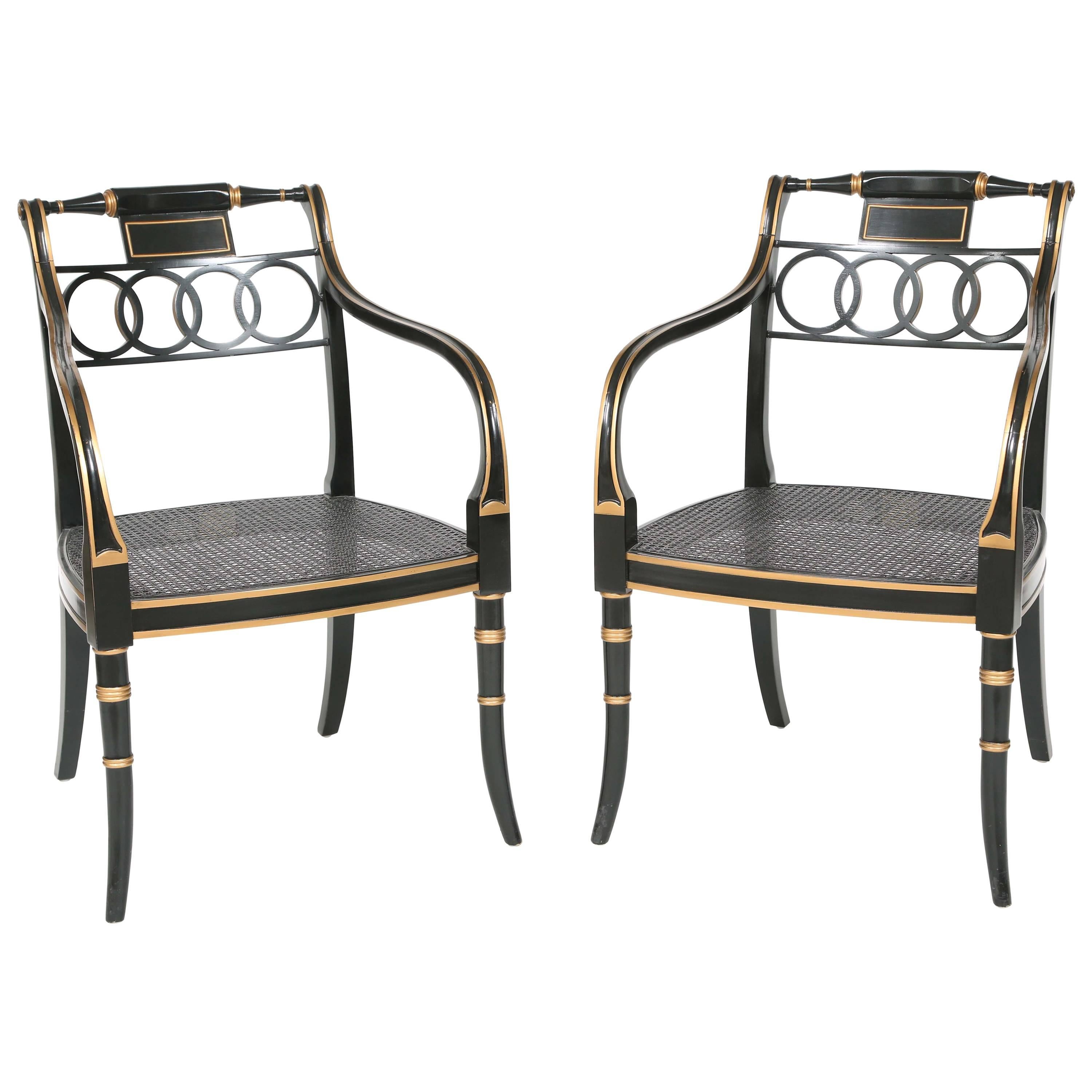 Pair of Lacquered and Parcel-Gilt Regency Style Armchairs by Baker