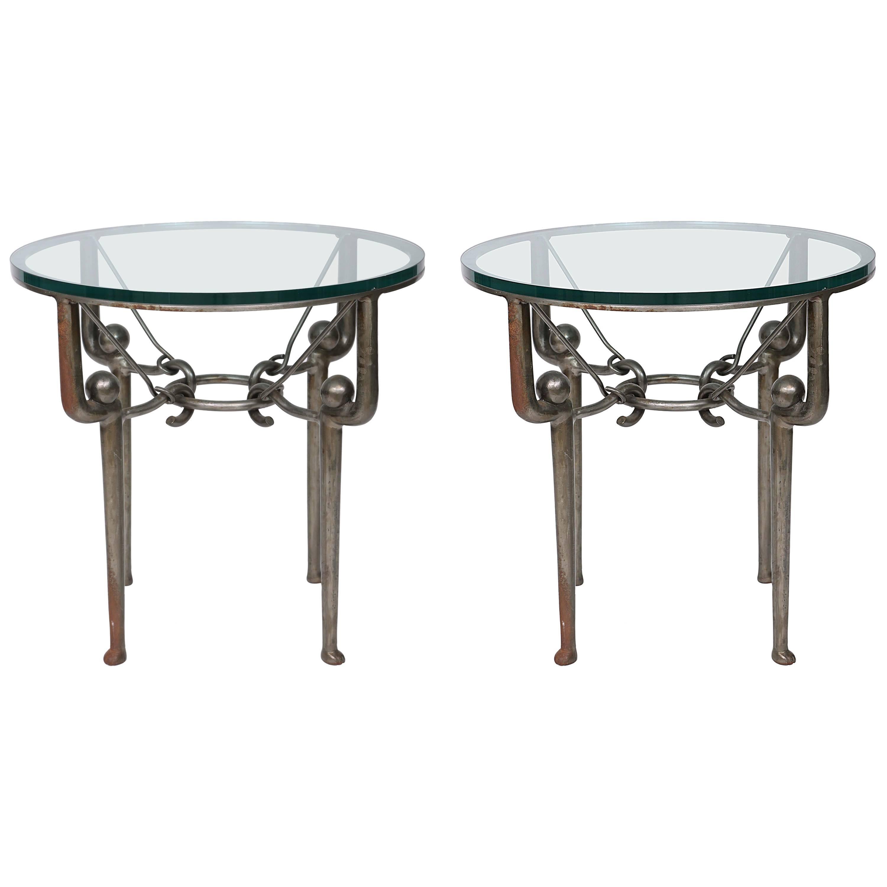 Pair of Round Iron End Tables in the Style of Giacometti