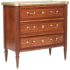 Louis XVI Style Mahogany Commode with White Marble Top and Pierced Gallery