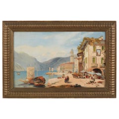 19th Century Painting, View of a North Italian Village by a Lake