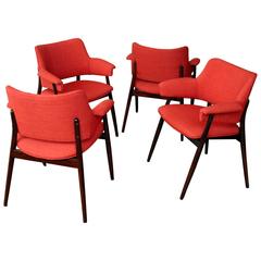 Orange Reupholstered Mid-Century Modern Walnut Dining Chairs