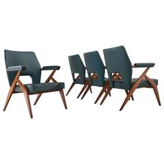 Set of Four Italian Easy Chairs in Mahogany and Petrol Blue Upholstery