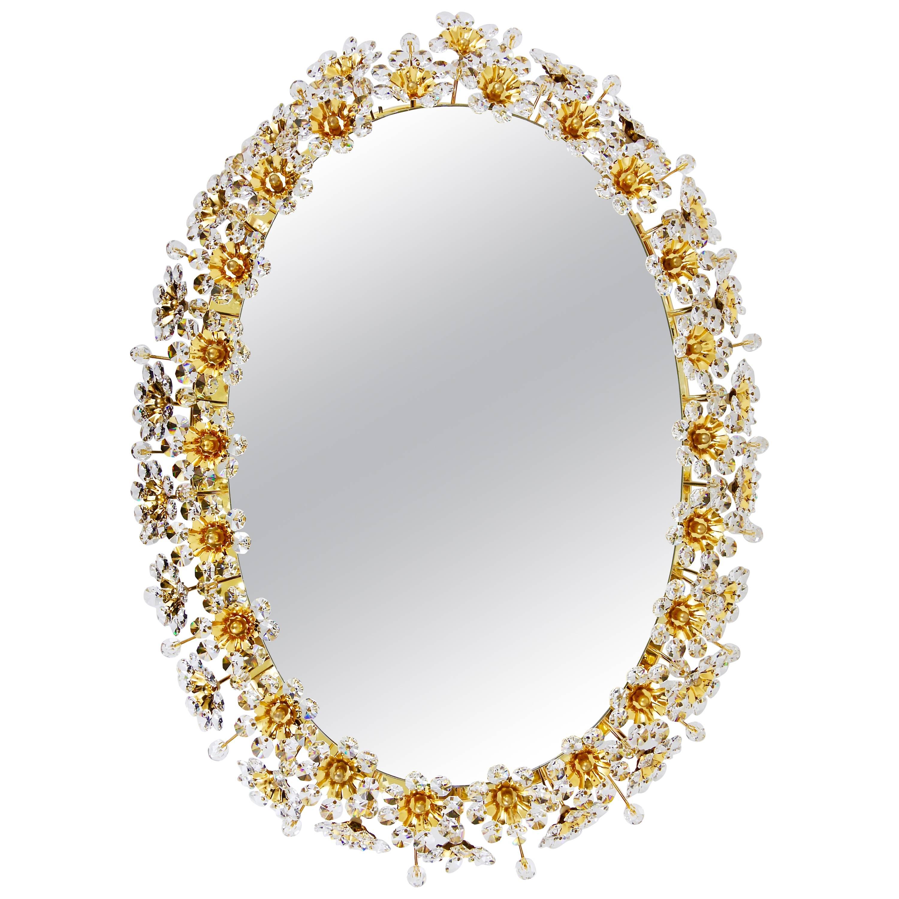 Palwa Backlit Flower Wall Mirror, Gilt Brass and Crystals, Germany, 1970