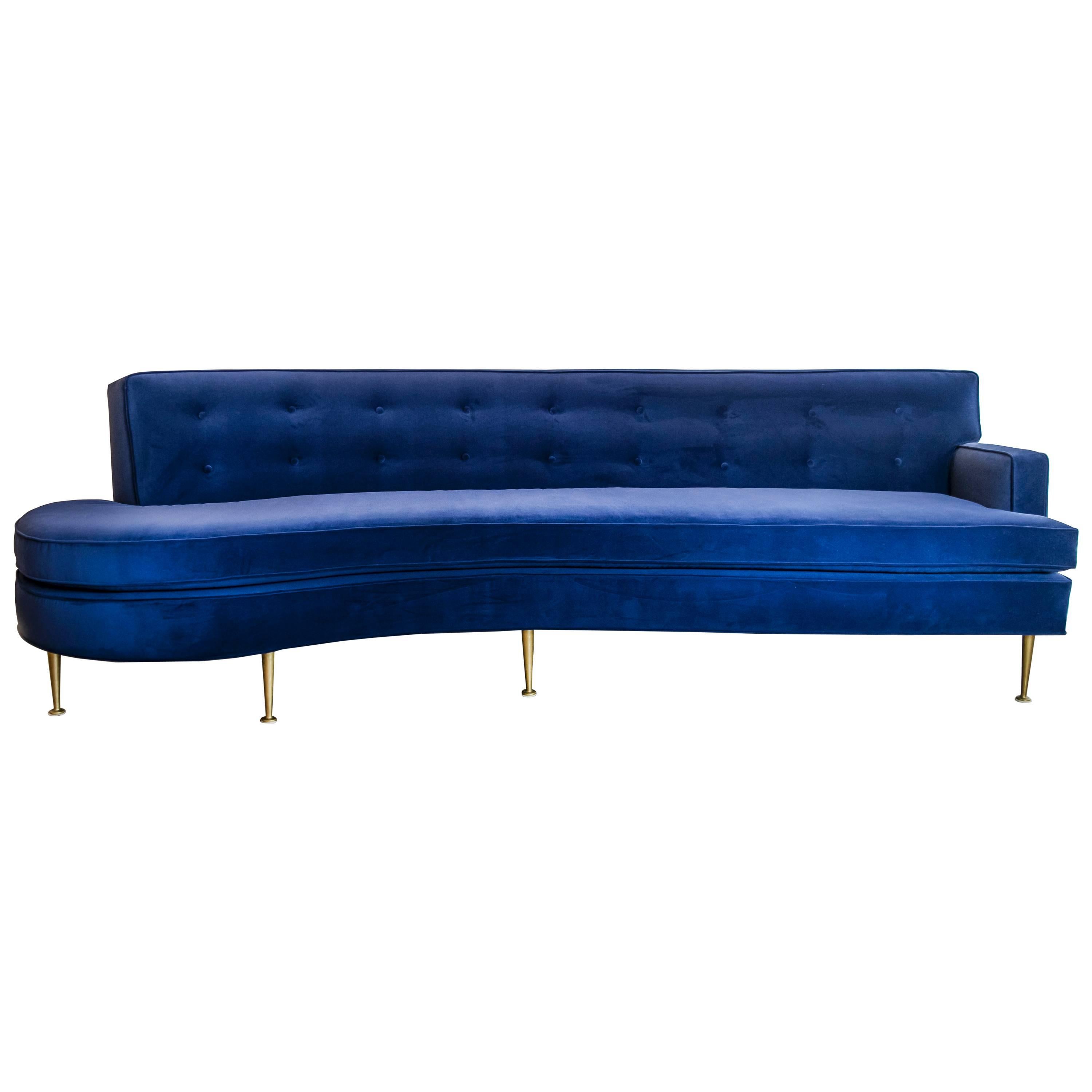 Spectacular Navy Velvet Sofa with Brass Legs in the Style of Harvey Probber For Sale