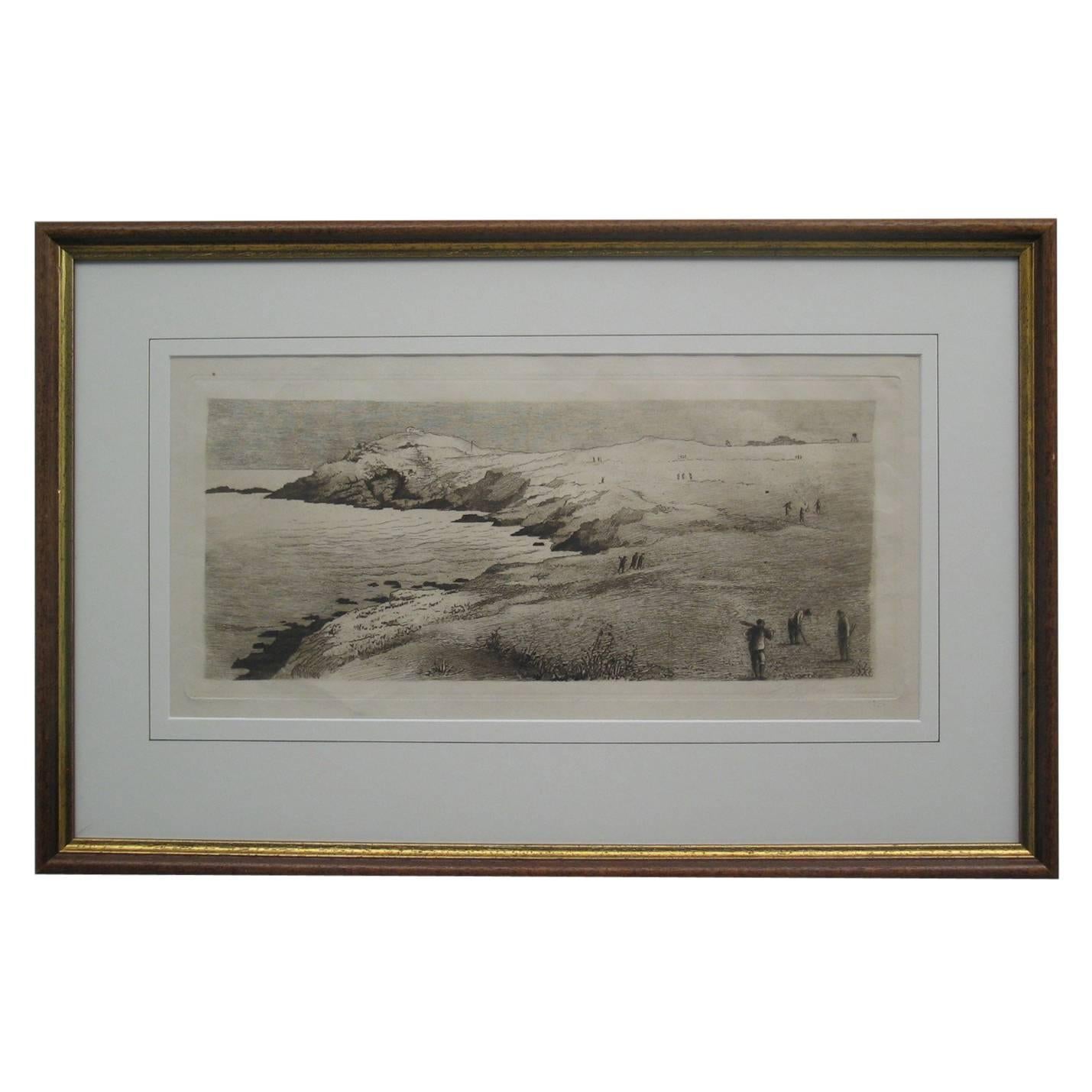 Golf dry point etching.
This dry point etching of a cliff top golf course is fascinating for the fact that the golfers and caddies depicted are all carrying their clubs by hand with no golf bags to be seen thus indicating that it was executed in