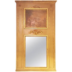19th C. Trumeau Mirror French Paint Decorated Frame With Oil Painting Lovers