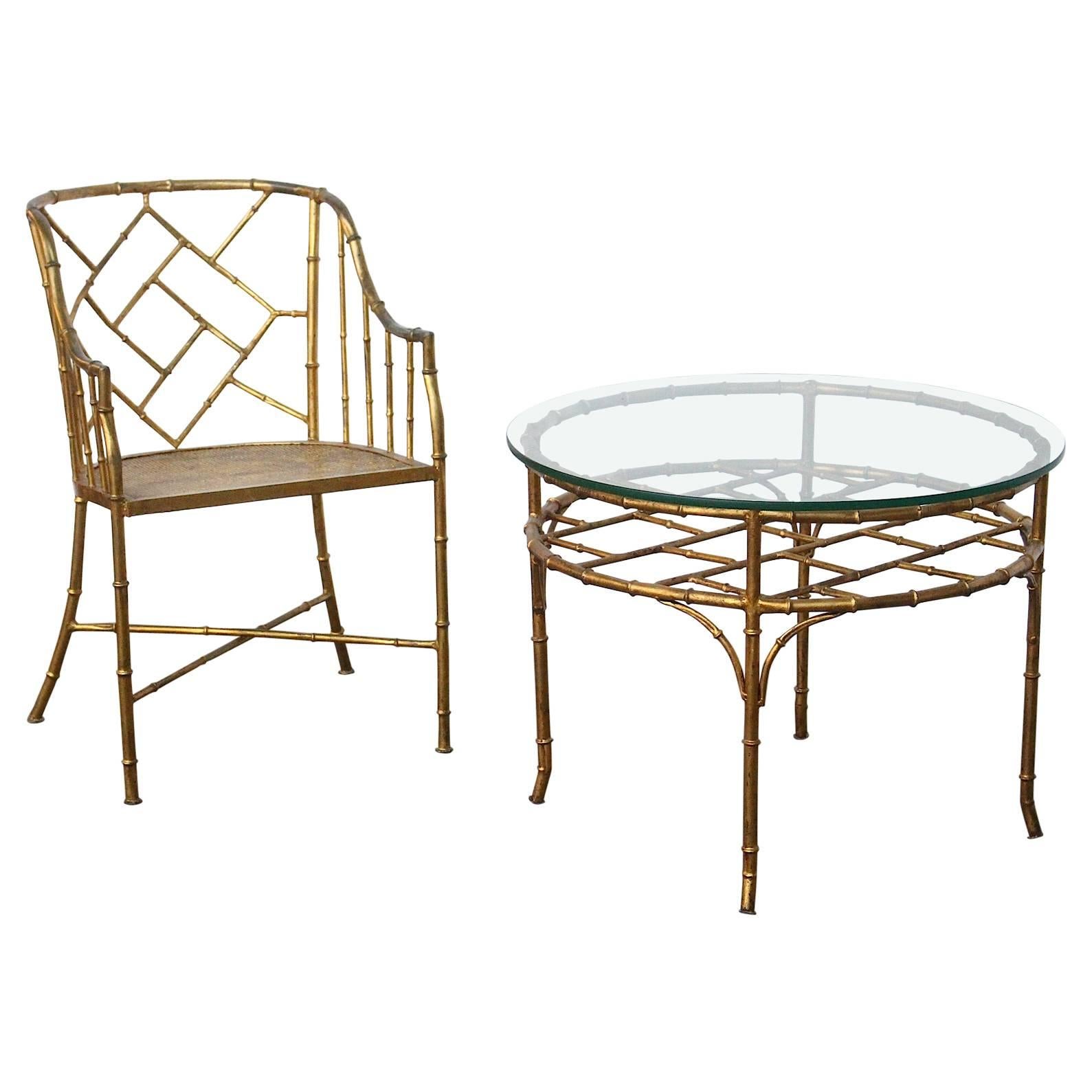 Faux Bamboo Set of Side Chair and Table in the Style of Adnet For Sale