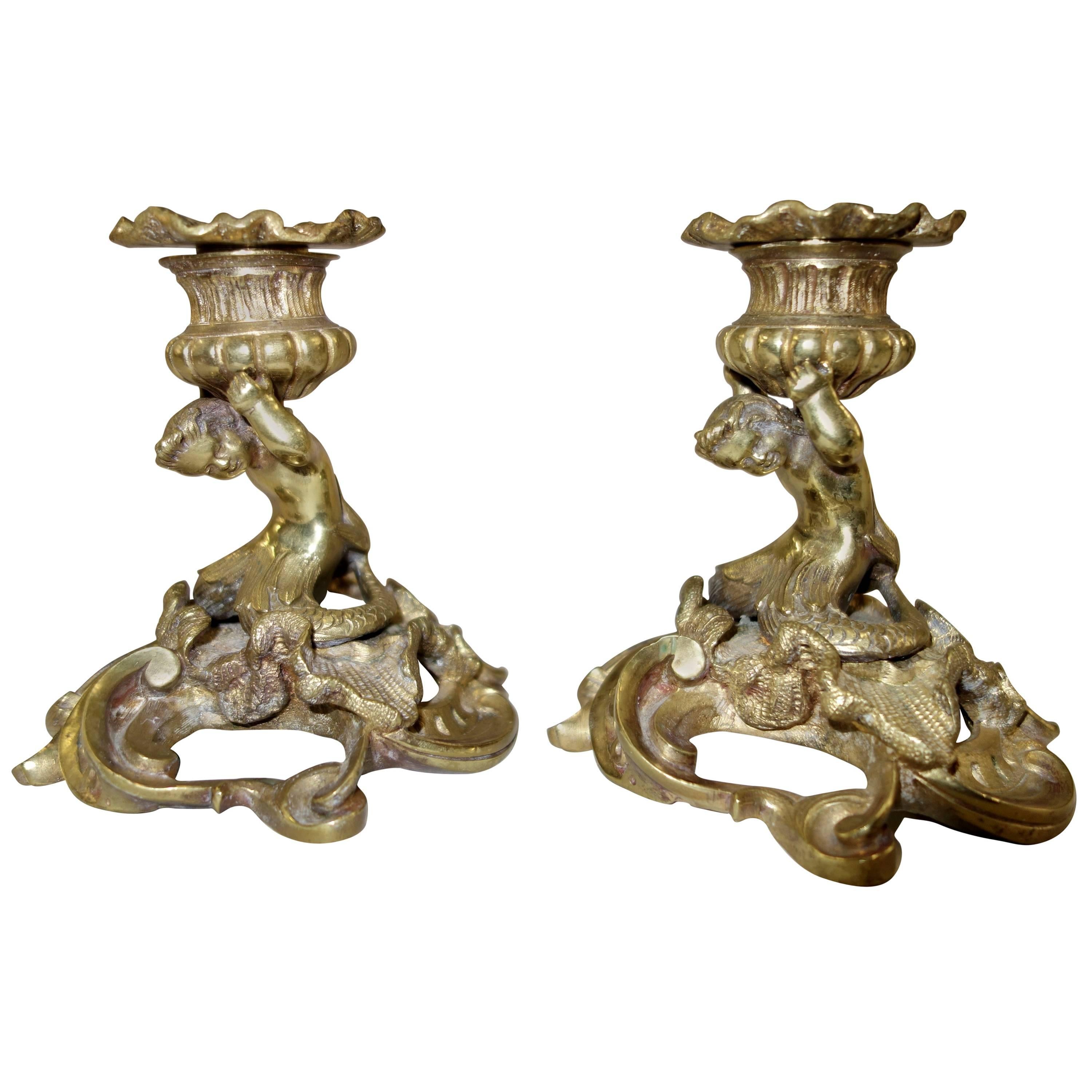 Pair of 19th Century Italian Bronze Mermaid Candlesticks or Candleholders