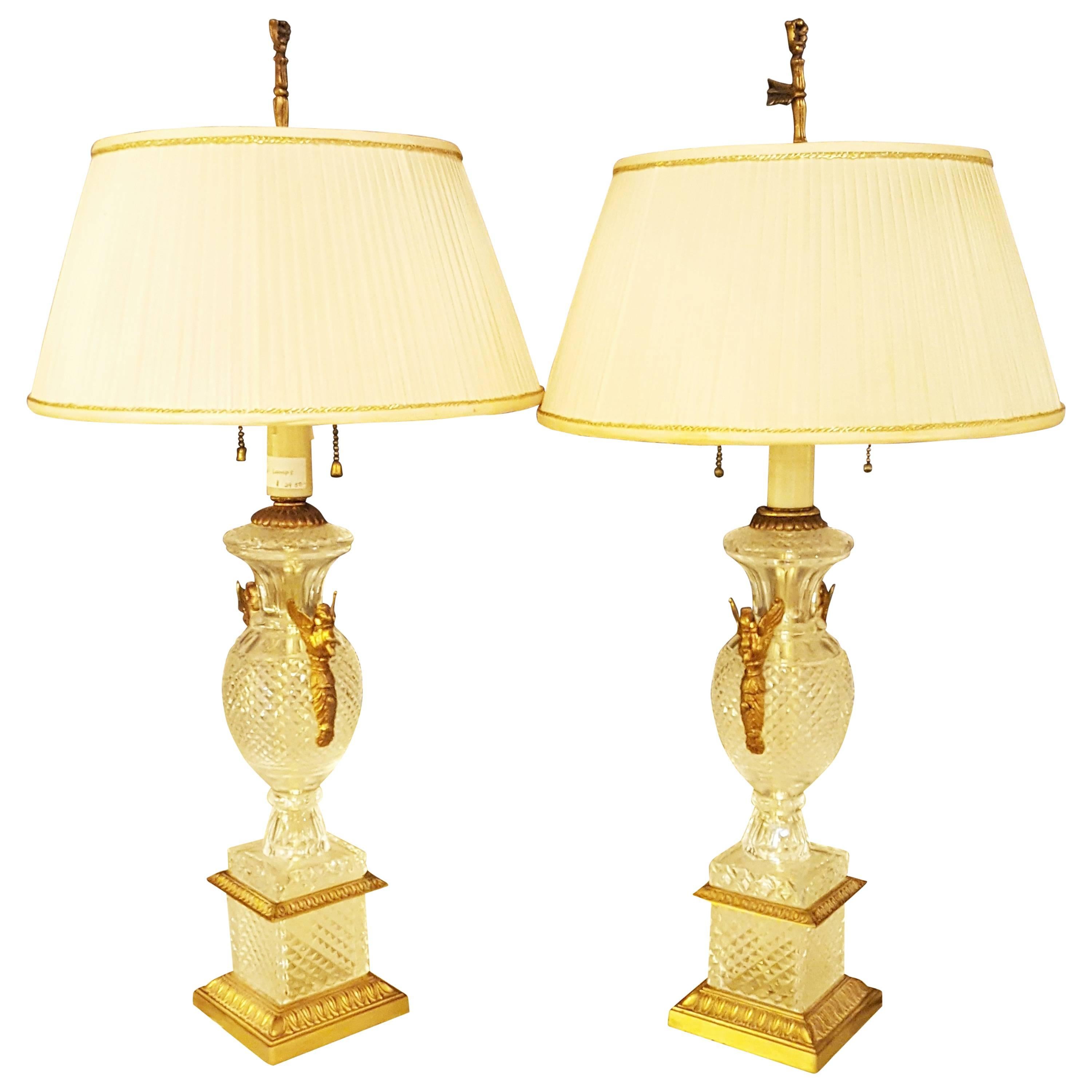 Pair of Hollywood Regency Style Fine Glass Lamps with Swan Handles For Sale