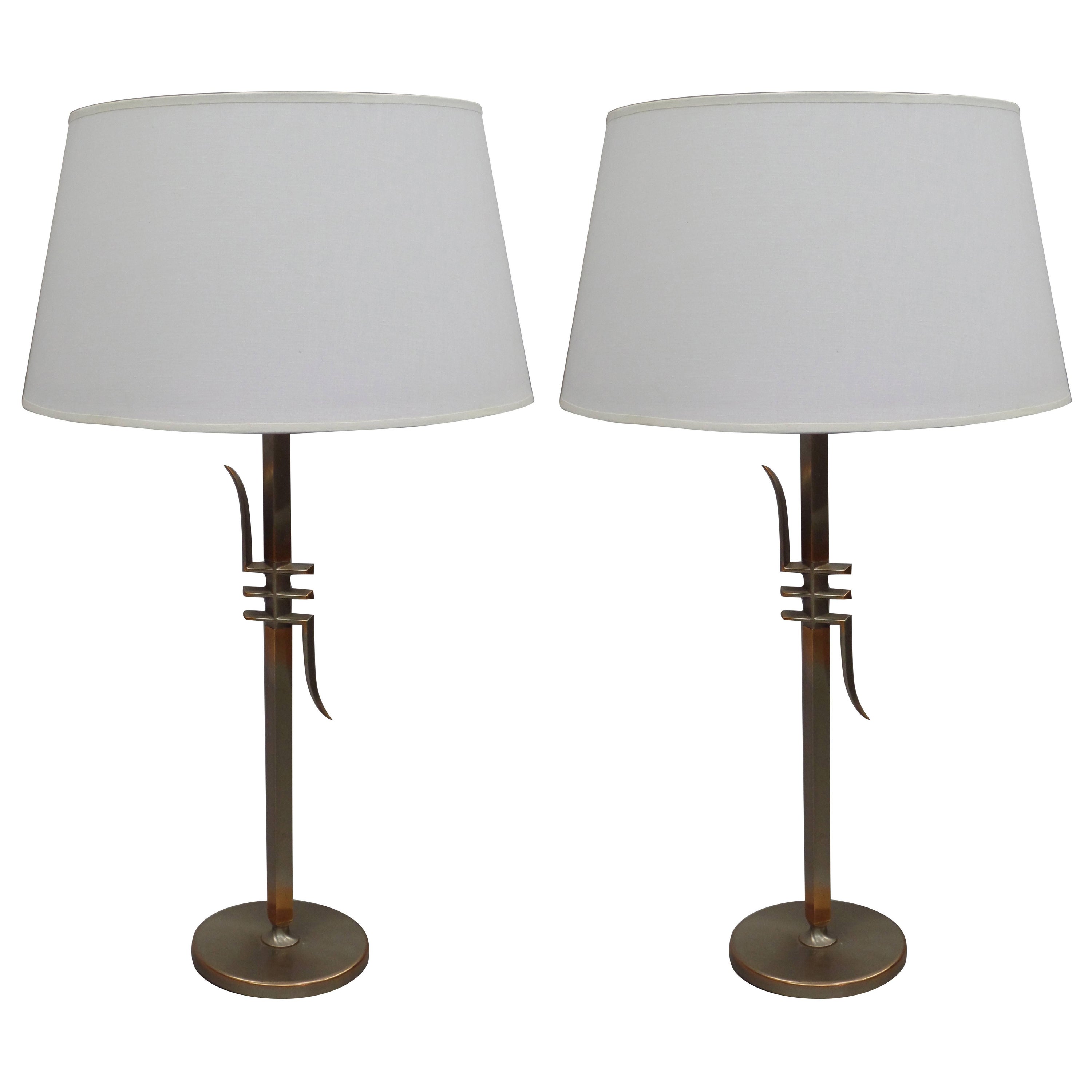 Pair of Mid-Century Modern Nickeled Copper Table Lamps Attributed to James Mont For Sale