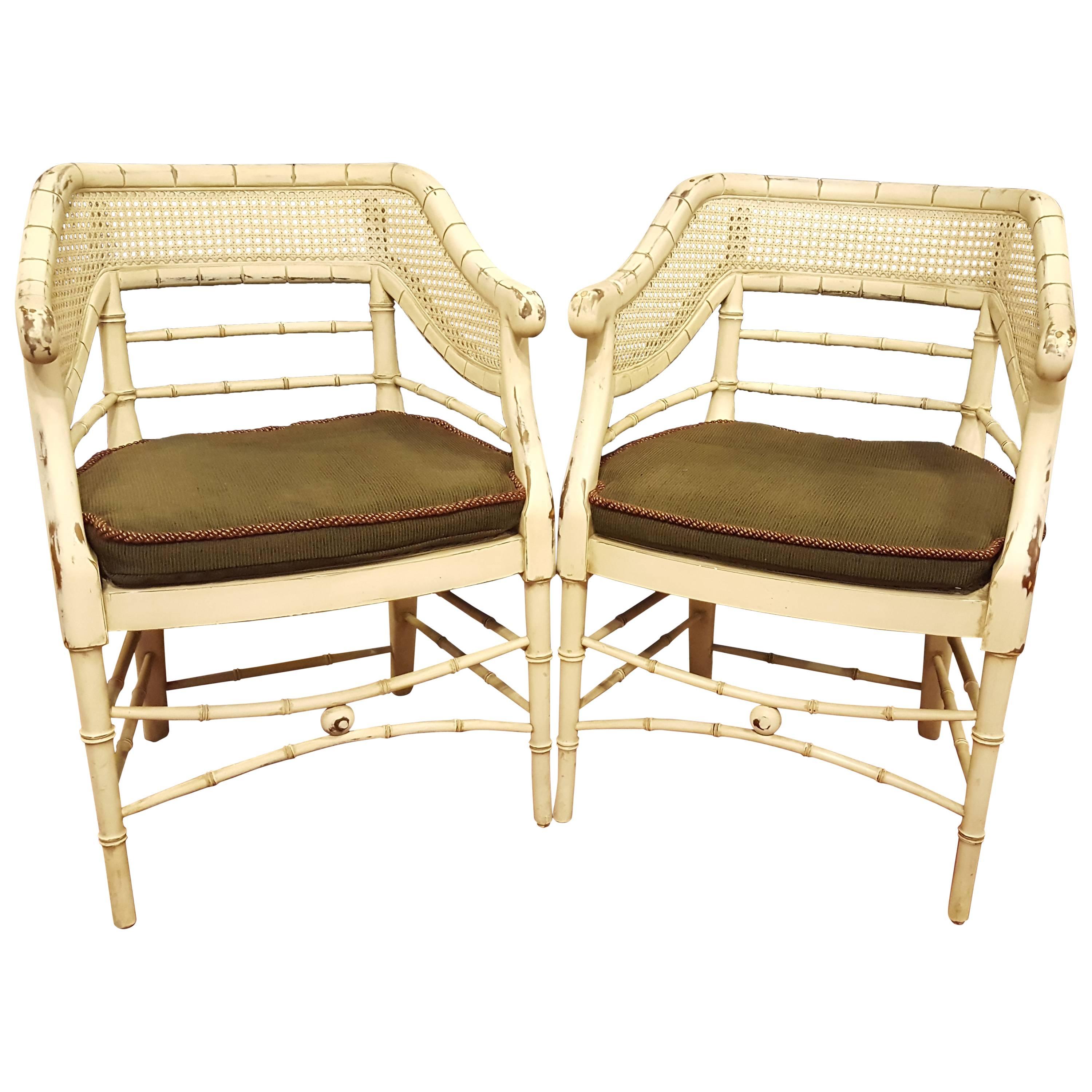 Pair of  Mid Century Curved Back Bamboo Arm Chairs Removable Cushion For Sale