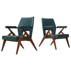 Set of Two Italian Easy Chairs with Petrol Blue Upholstery 1