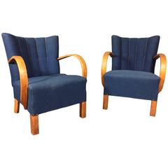 Pair of Curved Arm Danish 1940s Blue Wool Lounge Chairs