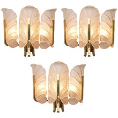 Set of 12 Wall Lights in Brass and Structured Glass