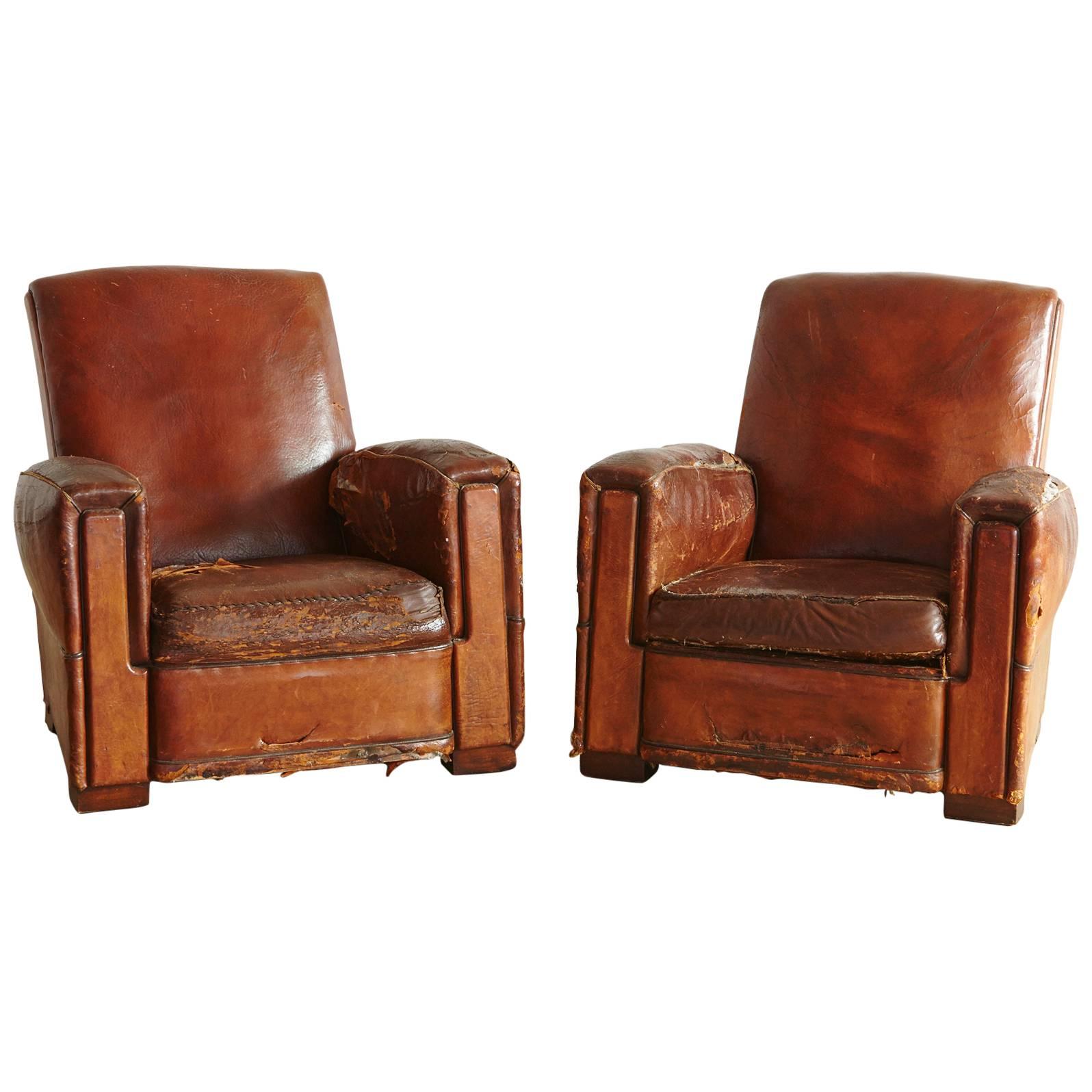 Pair of Distressed Wabi Sabi Style, 1940s Large French Leather Fauteuils