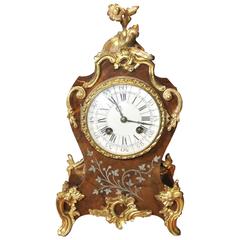French Empire Antique Rococo Mantle Clock Mother-of-Pearl Inlay