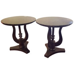 Pair of Black Marble-Top Ebonized Side Or End Tables With Pedestal base