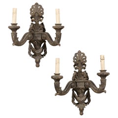 Pair of Italian Wood-Carved Two-Light Sconces w Paint over Gesso