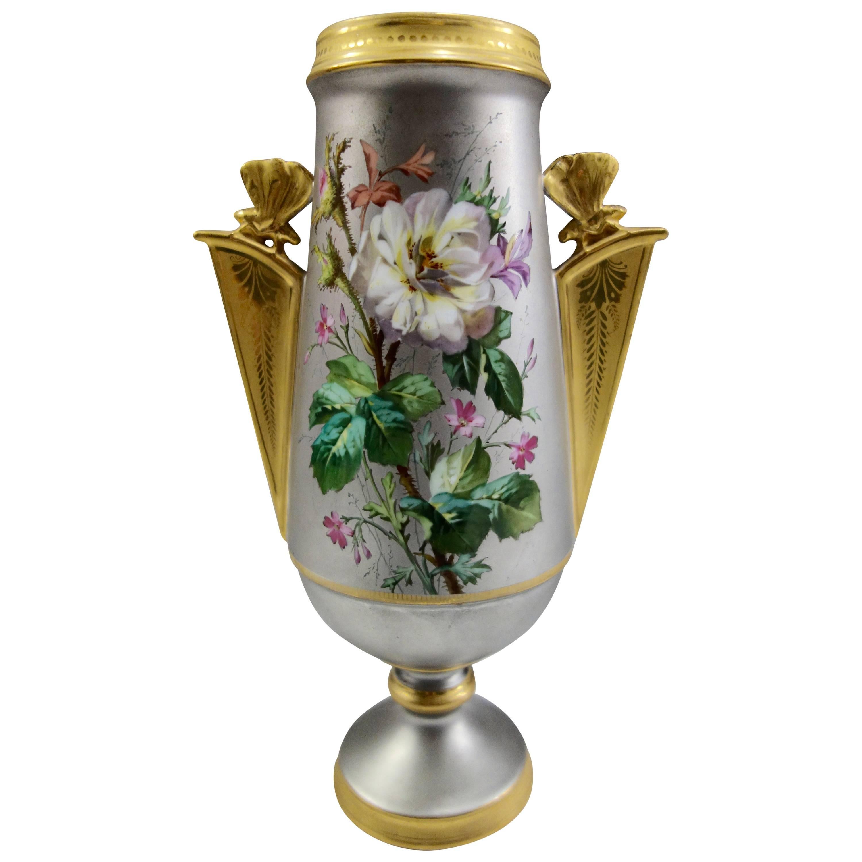 Antique Aesthetic Movement French Enameled and Platinum Porcelain Vase