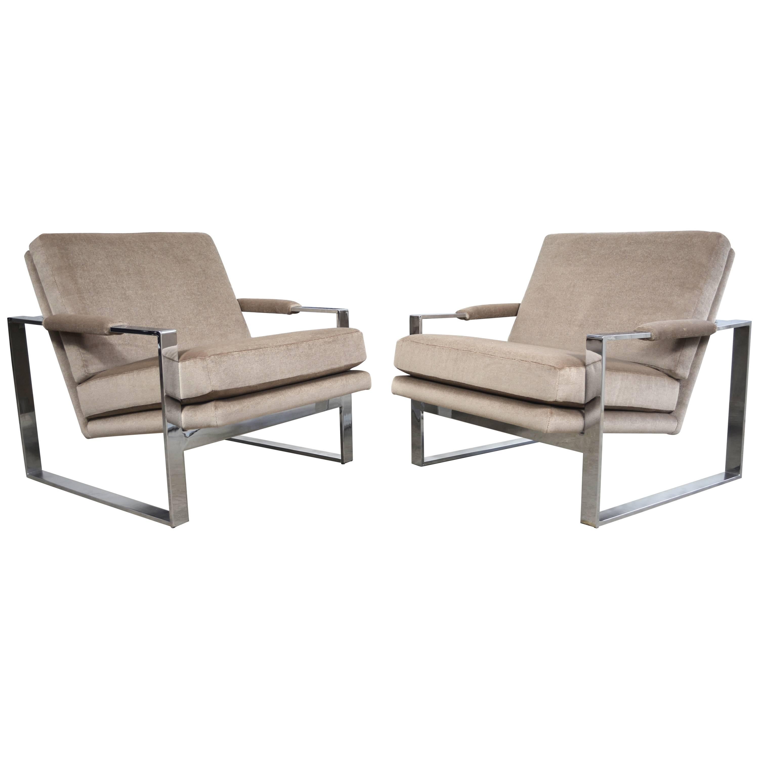 Milo Baughman Chrome Flat Bar Lounge Chairs For Sale