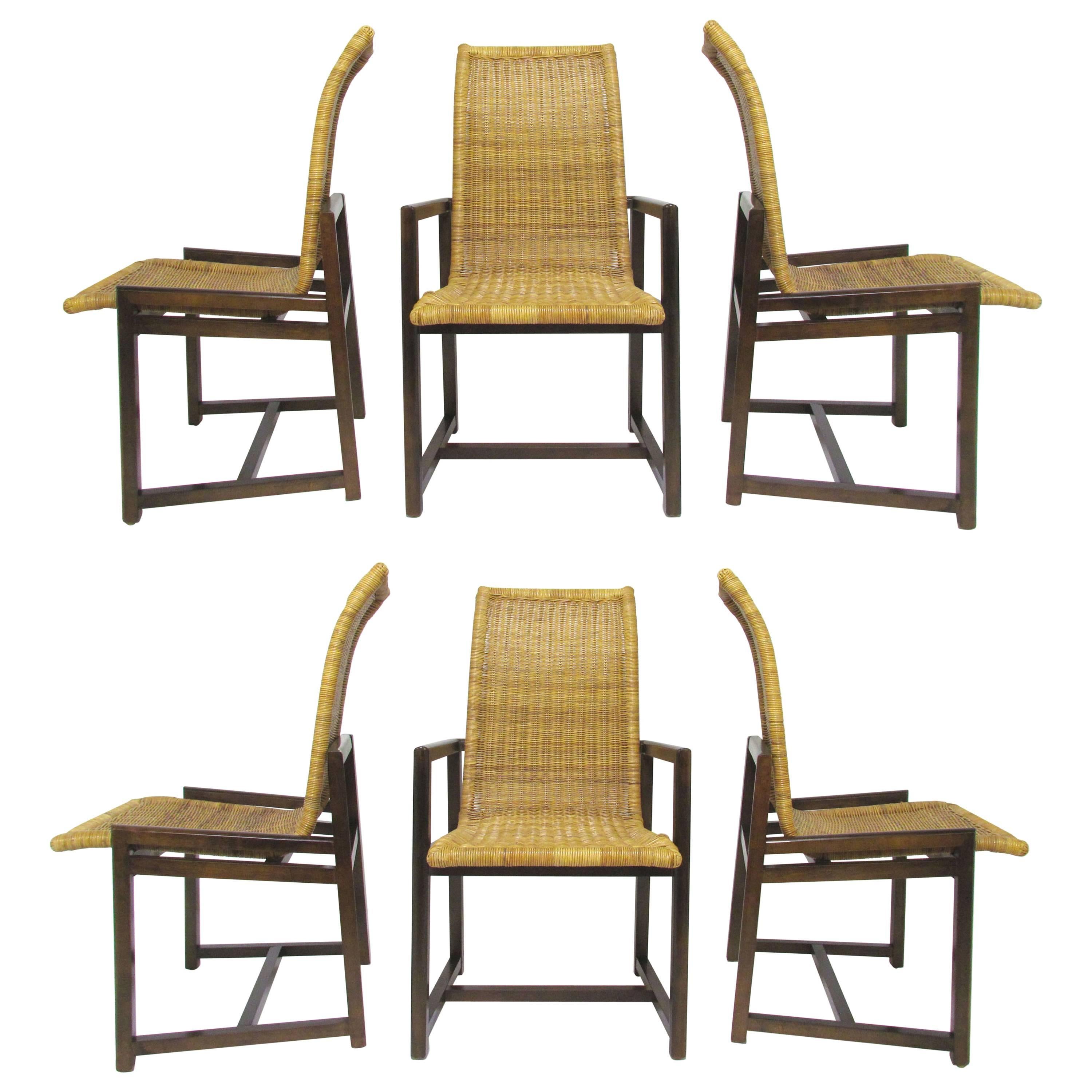 Set of Six Mid-Century Walnut and Rattan Dining Chairs, circa 1970s