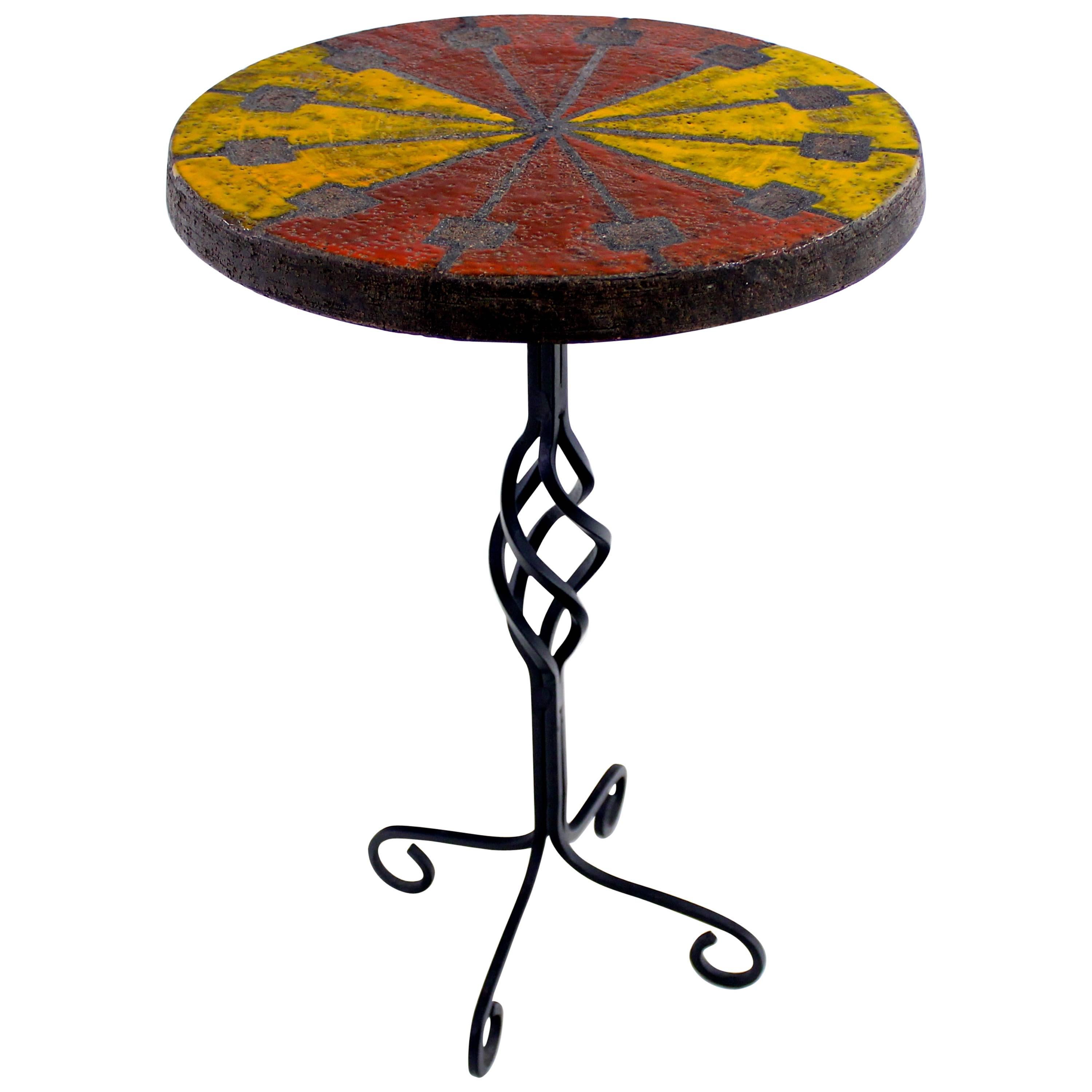 Italian Modern Wrought Iron and Ceramic Side Table by Raymor For Sale