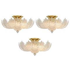 Set of Three Large Murano Glass Leaf Flush Mount Chandeliers