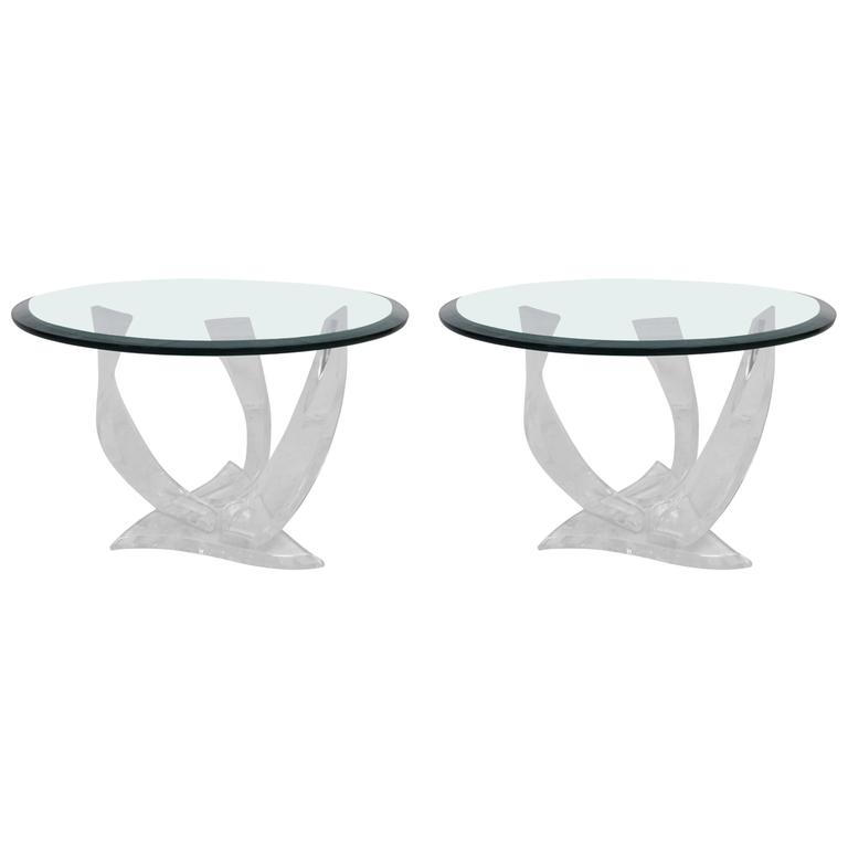 Pair of Signed Haziza Lucite and Glass Tables For Sale at 1stDibs