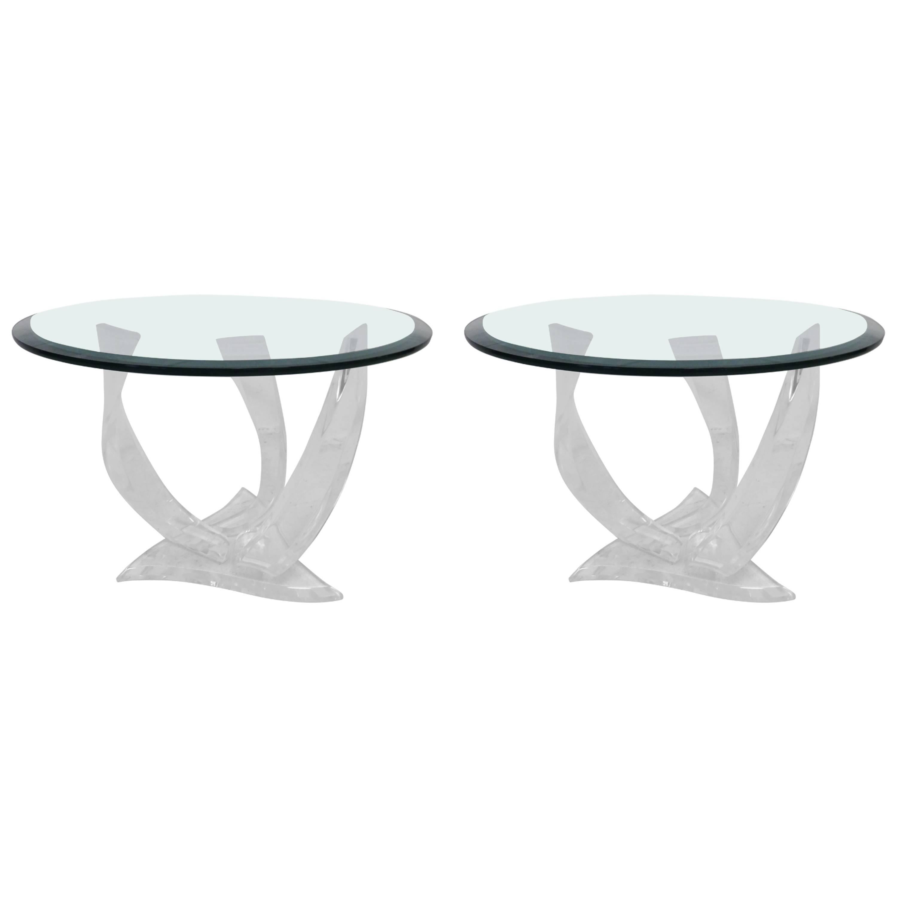 Pair of Signed Haziza Lucite and Glass Tables For Sale